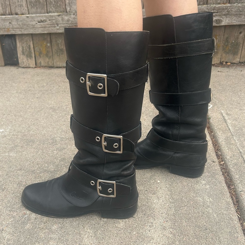 Coach Jordan Black Leather Moto Boots with Buckles